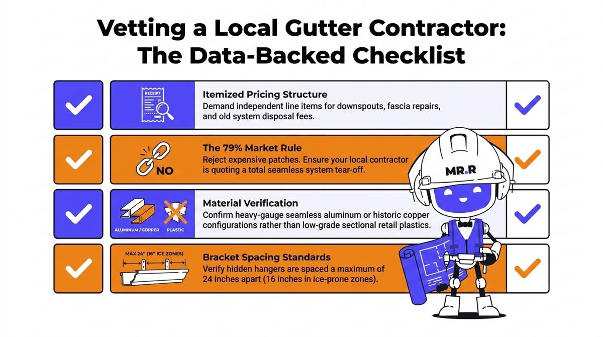 A clean, flat-vector contractor vetting infographic checklist using Blue (#5044FF) and Orange (#EF8C1D) accents. Outlines are crisp solid Black on a light backdrop, detailing itemization steps.